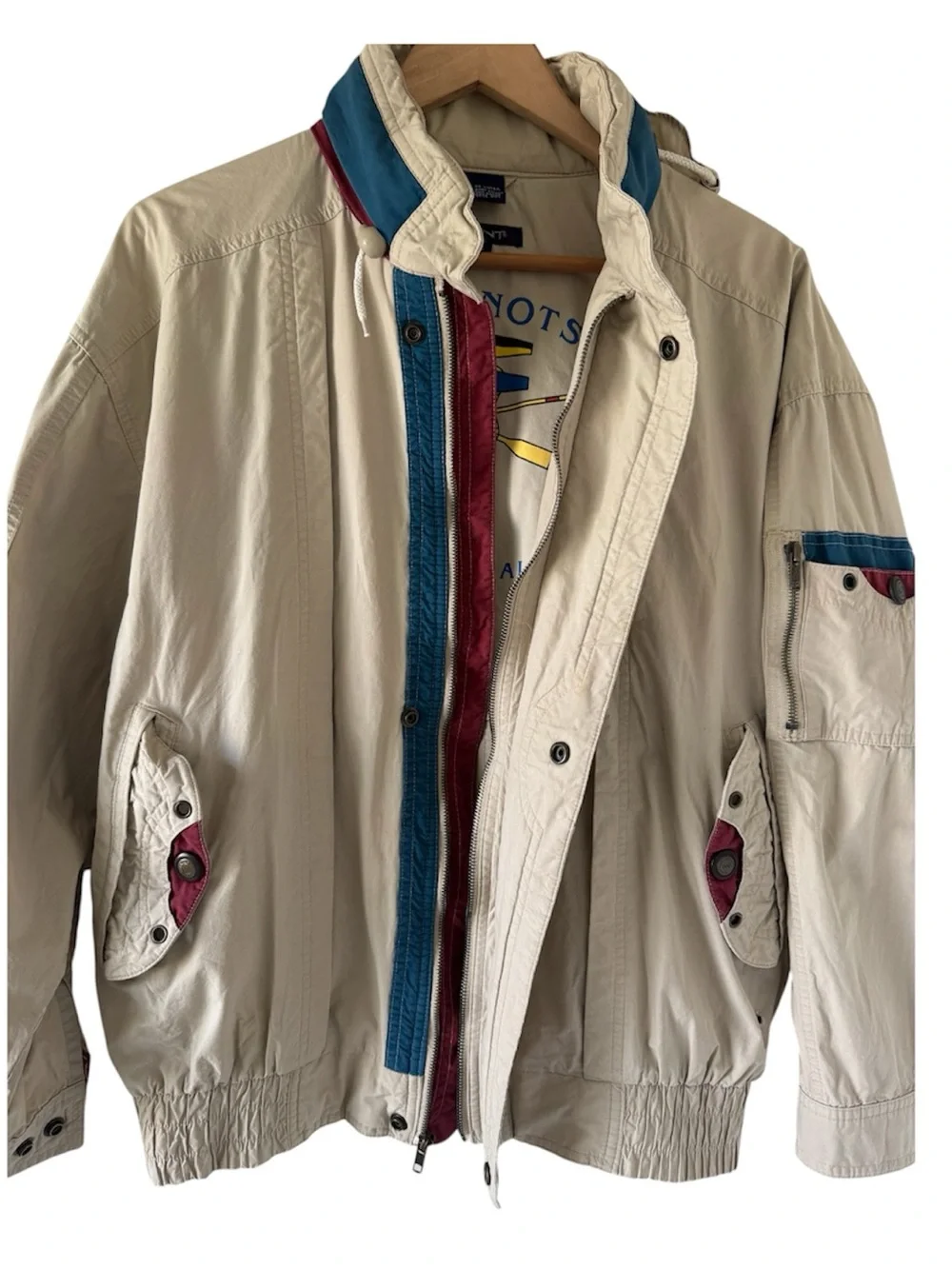 Gant Vintage Beige Sailing Windbreaker with Blue and Burgundy Trim - L
